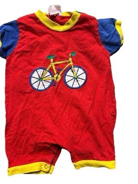 Vintage Baby Romper Red With Yellow And Blue Bicycle Size 6-9 Months